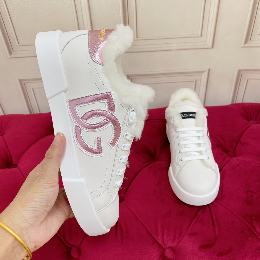 New White Wool Lined Flat DG Sneakers XC24092322