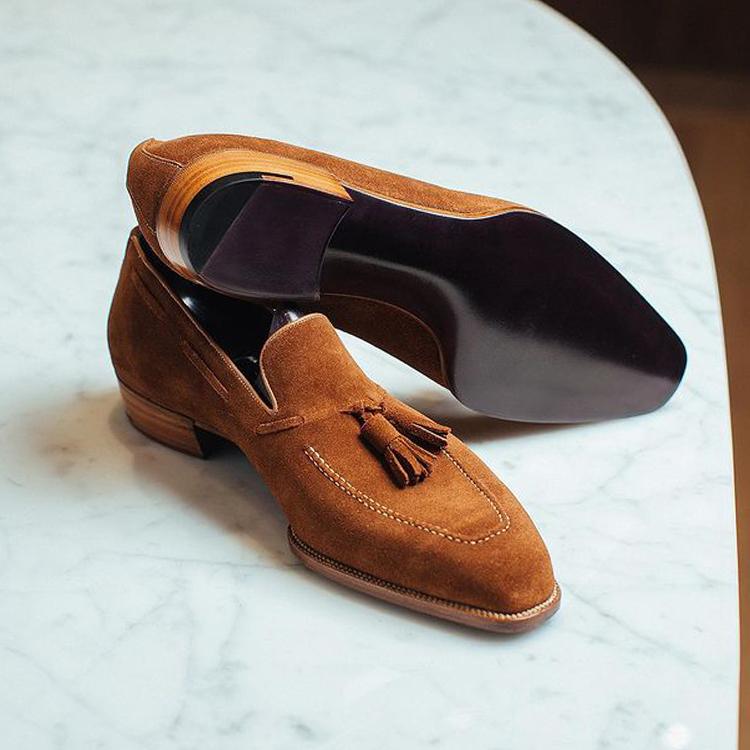 Brown-yellow premium fringed suede moccasin slip-on shoes