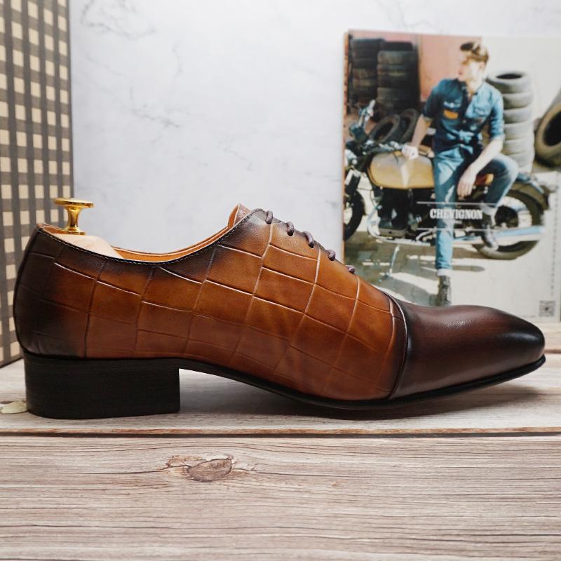 Luxury man Oxford Genuine Leather Men Dress Shoes Black Brown Lace Up Pointed Toe Crocodile Prints Wedding Office Formal Shoes