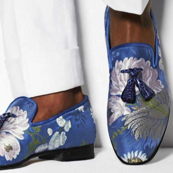 Handmade embroidery Blue Men Loafer Shoes