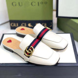 Double G buckle British style black and white half drag small leather shoes