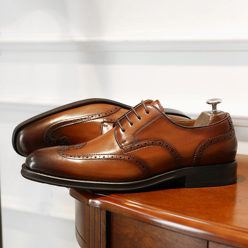 Breathable leather lace-up hand-polished brogue derby shoes（2 colors）