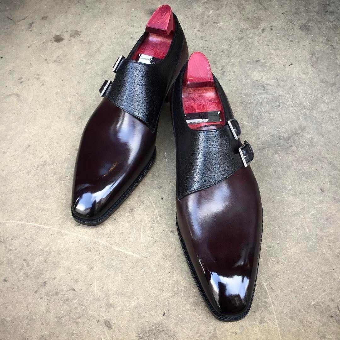 Brown-red handmade double buckle slip-on shoes