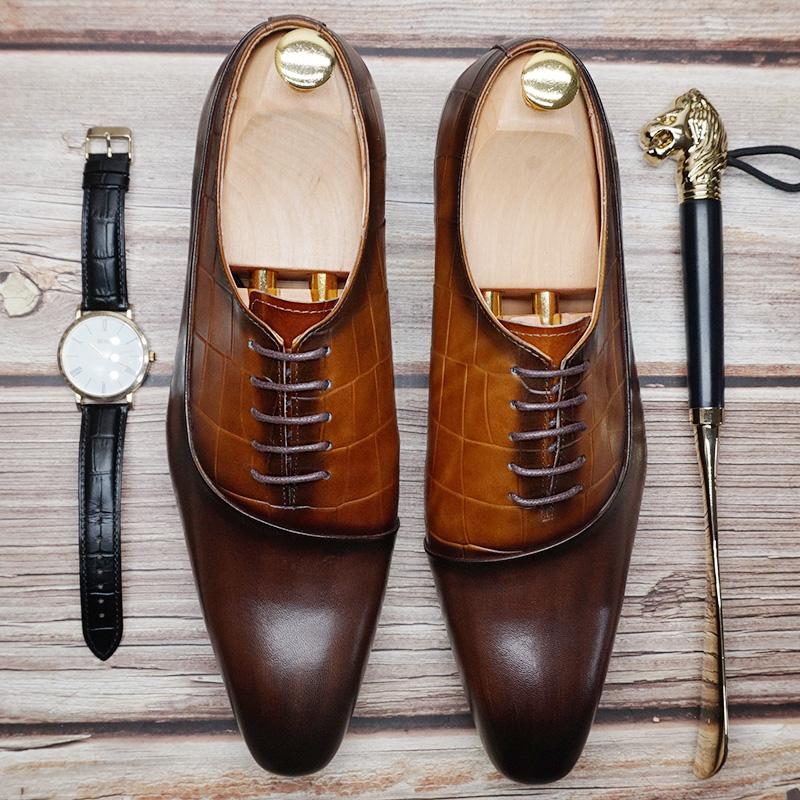 Luxury man Oxford Genuine Leather Men Dress Shoes Black Brown Lace Up Pointed Toe Crocodile Prints Wedding Office Formal Shoes