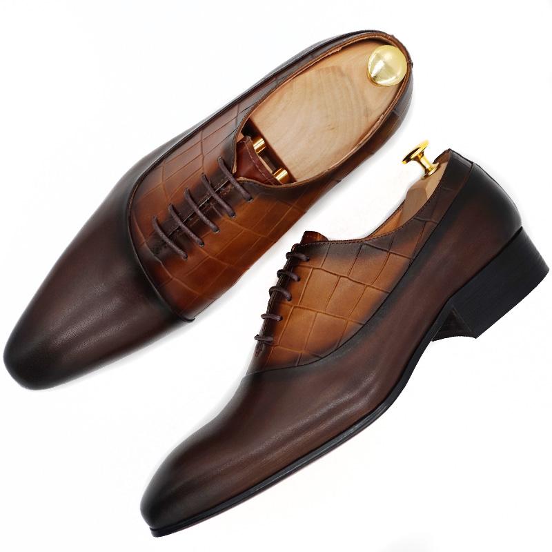 Luxury man Oxford Genuine Leather Men Dress Shoes Black Brown Lace Up Pointed Toe Crocodile Prints Wedding Office Formal Shoes
