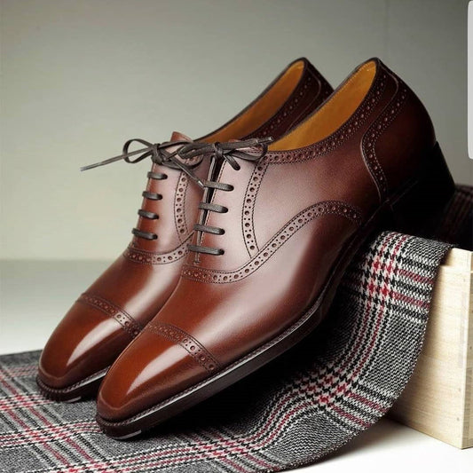 Brown and yellow classic guilloche men's oxford shoes