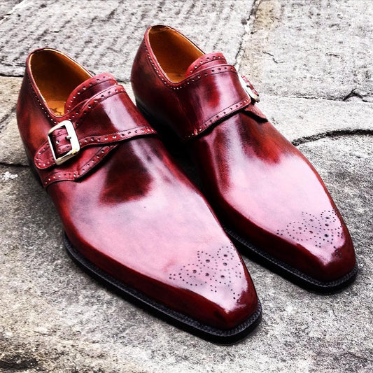 Red classic dress flower carved single buckle monk leather shoes