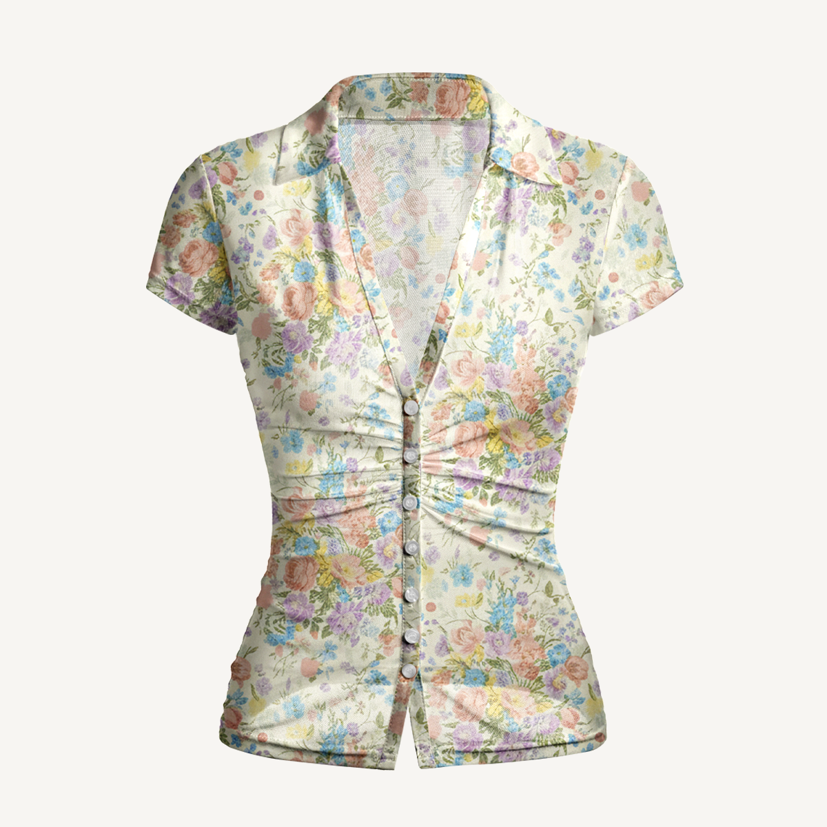 V-Neck Short Sleeve Morning Dew Bouquet Print Mesh Top