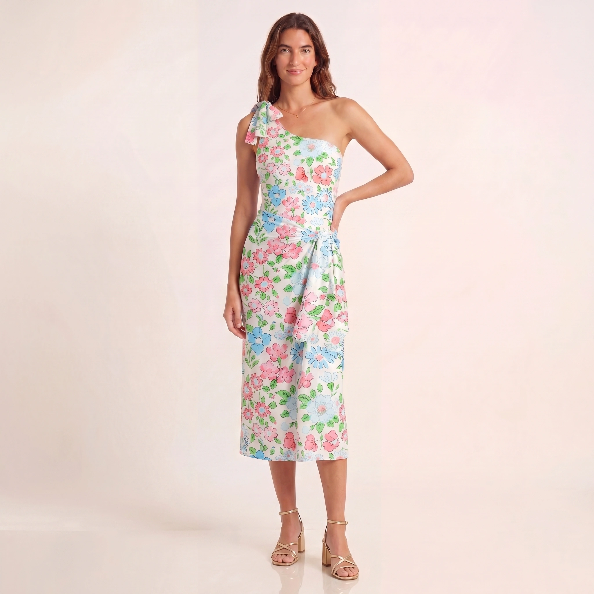 Pastel Cottage Floral One Shoulder One Piece Swimsuit and Matching Sarong Set for Women